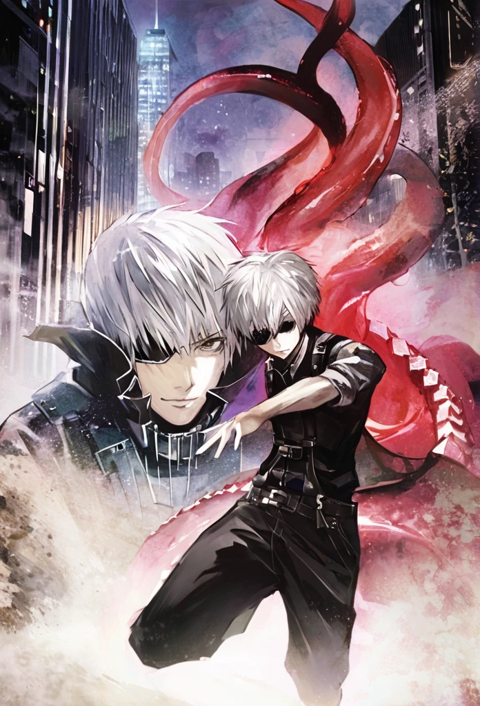 ```
ken kaneki, Tokyo Ghoul, white hair, black outfit, eyepatch, half-ghoul, serious expression, red kakugan eye, kagune tentacles, detailed face, high quality、Overall view、Uplifting、Cold-like sensation、Acrobatic、disaster々Aura、disaster々Cool atmosphere、Black Air、Overall view、Twilight、Get lost in the crowds、nightの道、Shining cityscape、night、
```