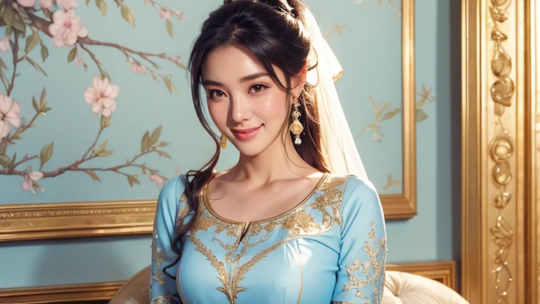 (8k, best quality, masterpiece, looks all detailed), highly detailed, detailed face, masterpiece, realistic lighting, masterpiece, best quality, masterpiece, official artwork, highly detailed 8k unity CG wallpaper, Indonesian teenage girl of Javanese descent, long black hair tied with white long ponytail patterned ribbon, graceful and beautiful, full of charm, smiling sweetly and happily, wearing an empire waist shift dress long skirt with light blue pleats with gold embroidery, big breasts, wearing white high heel shoes, slender and tall body, stylish, room background.
