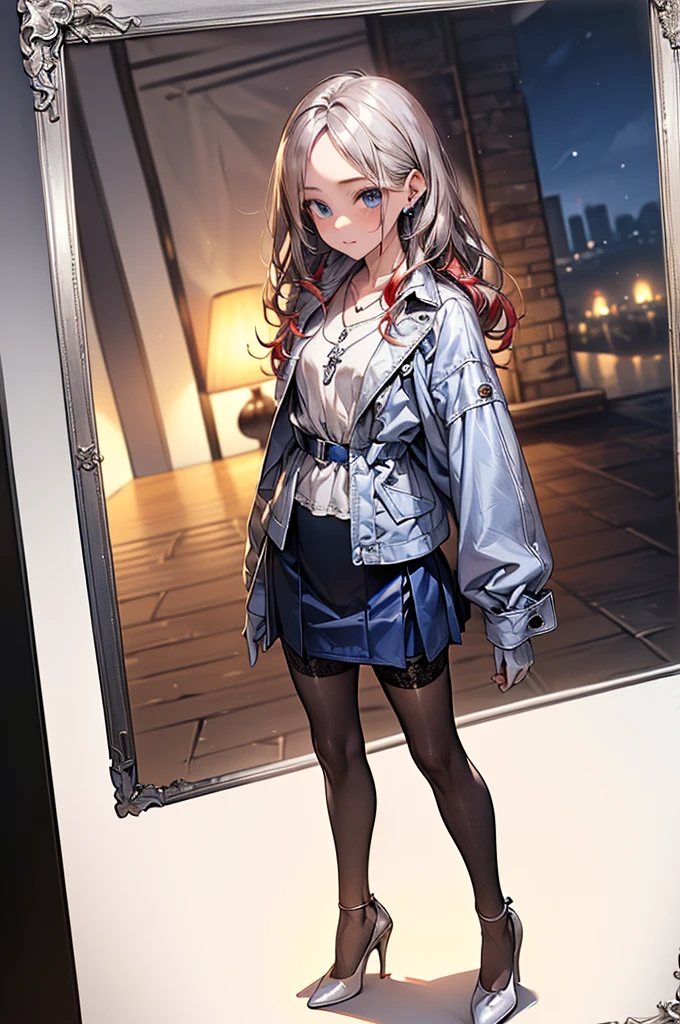 ((Biologically correct limb count))、(( Full-body photo including face))、4K、((Standing position))、masterpiece、((Focus on the face))、((Symmetrical facial features))、Eye for detailed depiction、Beautiful blue-haired woman、Excellent style、Beautiful clavicle、Beautiful feet、Beautiful Hands、Slender body、(stockings、garter belt、High heels）、Facial detailing、Small earrings、necklace、(rubber jacket、Rubber Skirt)、High heelsに照明を当てる、tie、sunny、(((White framed photo)))、Fascinating、Night street、(Low - Angle、A camera angle that captures the inside of a skirt from below)、gloves、(((Blue, red and silver hair)))