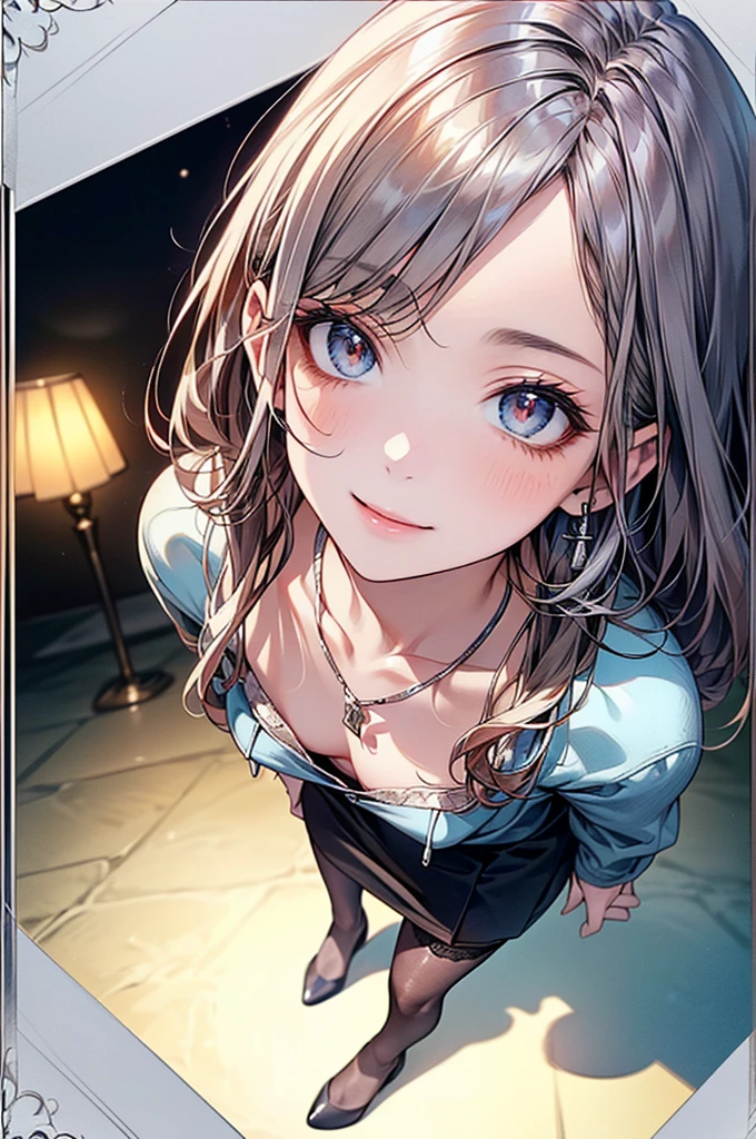 ((Biologically correct limb count))、(( Full-body photo including face))、4K、((Standing position))、masterpiece、((Focus on the face))、((Symmetrical facial features))、Eye for detailed depiction、Beautiful blue-haired woman、Excellent style、Beautiful clavicle、Beautiful feet、Beautiful Hands、Slender body、(stockings、garter belt、High heels）、Facial detailing、Small earrings、necklace、(rubber jacket、Rubber Skirt)、High heelsに照明を当てる、tie、sunny、(((White framed photo)))、Fascinating、Night street、(Low - Angle、A camera angle that captures the inside of a skirt from below)、gloves、(((Blue, red and silver hair)))