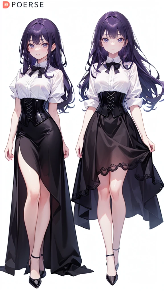 Purple Hair,Super long hair with volume,Adult female,(suit),White Y-shirt,((Rolling up his sleeves)),(corset),(Black skirt),(Slim silhouette skirt),(High heels),Heels are visible,((Simple white background)),smile,((whole body)),((full body)),Character Sheet,