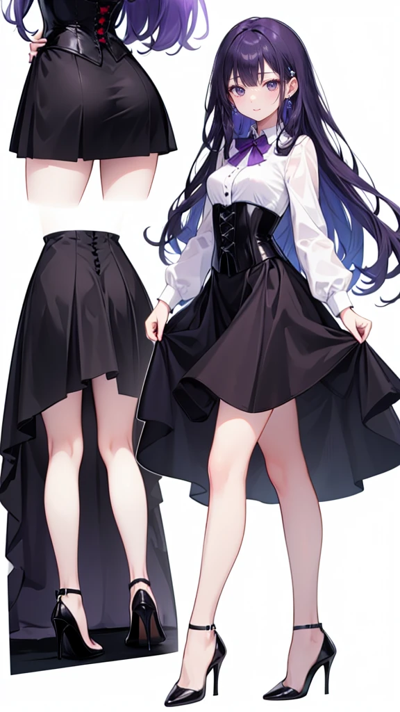 Purple Hair,Super long hair with volume,Adult female,(suit),White Y-shirt,((Rolling up his sleeves)),(corset),(Black skirt),(Slim silhouette skirt),(High heels),Heels are visible,((Simple white background)),smile,((whole body)),((full body)),Character Sheet,
