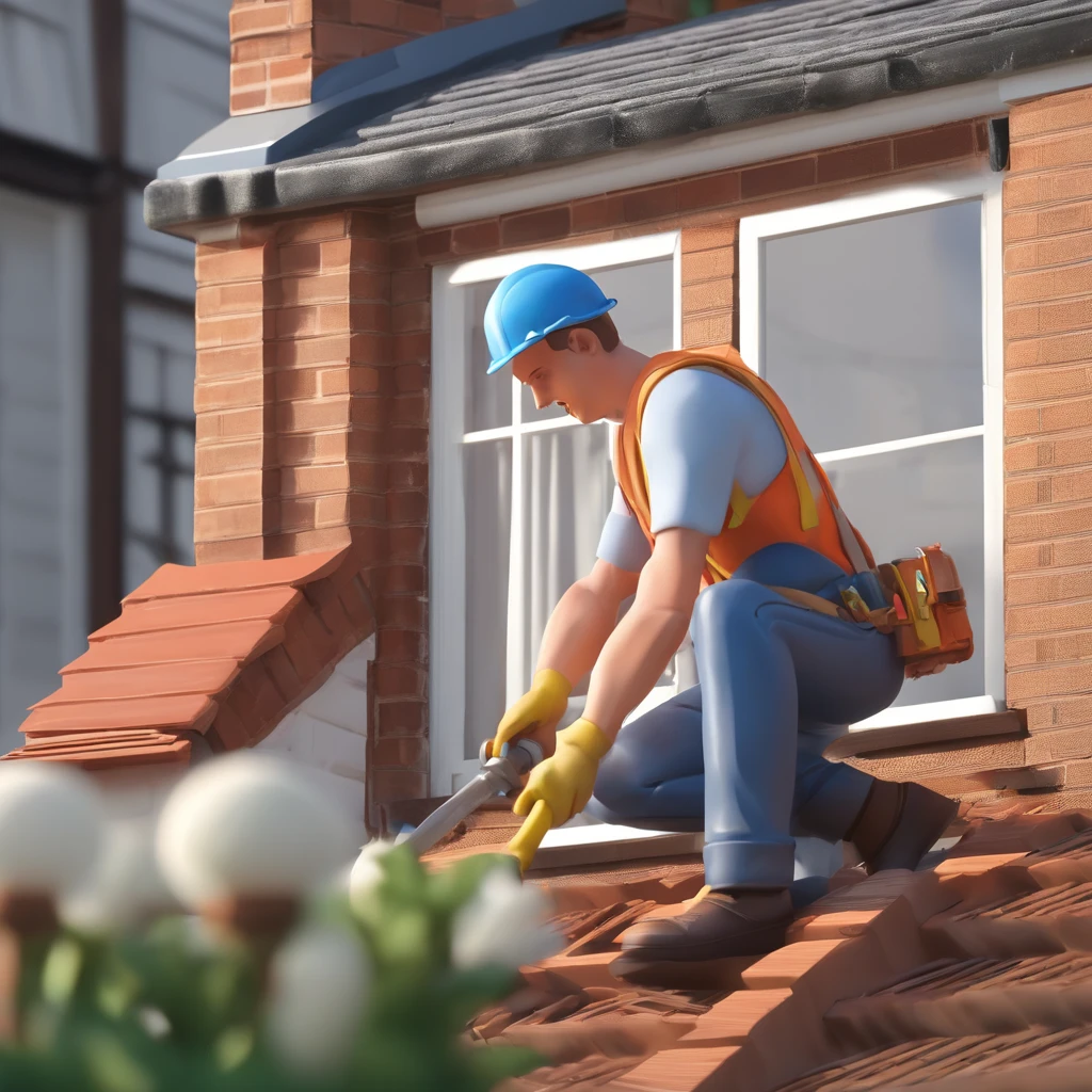 a team of professional roofers working on a rooftop, repairing the roof of a classic northern england terraced residential house, men wearing hi-visi jackets, hard hats, tool belts, middle aged slim muscley man with short grey beard and neat short blonde hair at the top of ladders reaching the roof, cheerful and singing whilst working, younger man with short brown hair using hammer to repair wooden battens and welsh grey slates, mid-terraced house with classic chimney on roof and skylight window, white external brickwork, small beautiful flowery garden by front door, 3d, realistic, 8k, ultra-detailed, bright vibrant colors, lush environment, beautiful landscape, serene, peaceful, natural lighting, cinematic