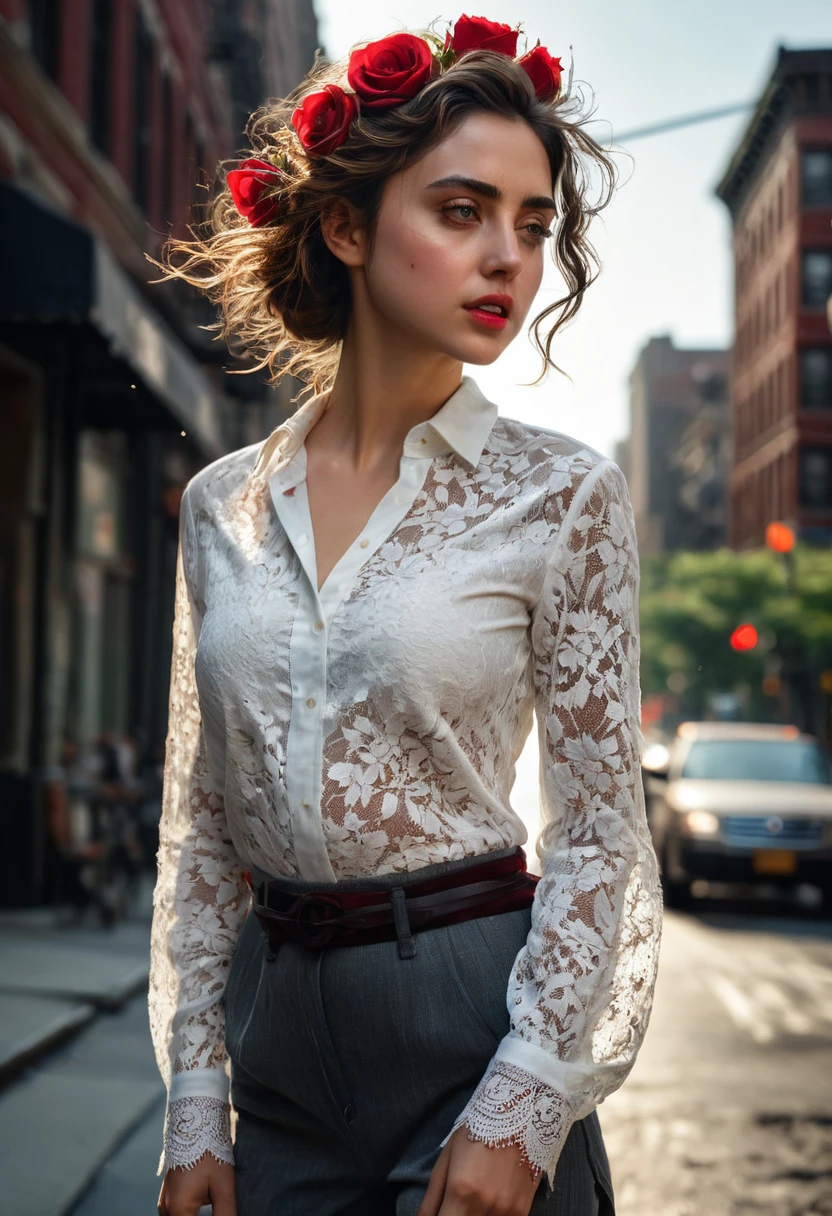 (Gorgeous Photo:1.3) of (Ultra detailed:1.3),16k, masterpiece, ((ultra detailed:1.1)), natural skin texture, 16k textures, cinematic look, intricate,waist insane a photograph of photo of young [woman:Ana de Armas:0.4] , weather, wind, new york street,woman wearing airy lace shirt,full body, one small red rose in hair, Ultra-Wide, ultra realistic, photo, raw, studio light , red light from behind, epic (photo, studio lighting, hard light, sony a7, 50 mm, matte skin, pores, colors, hyperdetailed, hyperrealistic), fantasy style