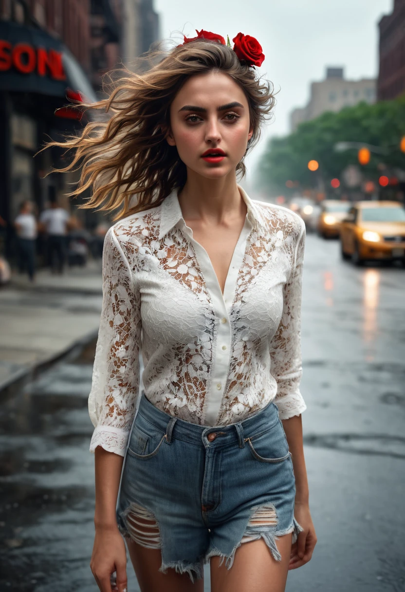 (Gorgeous Photo:1.3) of (Ultra detailed:1.3),16k, masterpiece, ((ultra detailed:1.1)), natural skin texture, 16k textures, cinematic look, intricate,waist insane a photograph of photo of young [woman:Ana de Armas:0.4] , weather, wind, new york street,woman wearing airy lace shirt,full body, one small red rose in hair, Ultra-Wide, ultra realistic, photo, raw, studio light , red light from behind, epic (photo, studio lighting, hard light, sony a7, 50 mm, matte skin, pores, colors, hyperdetailed, hyperrealistic), fantasy style
