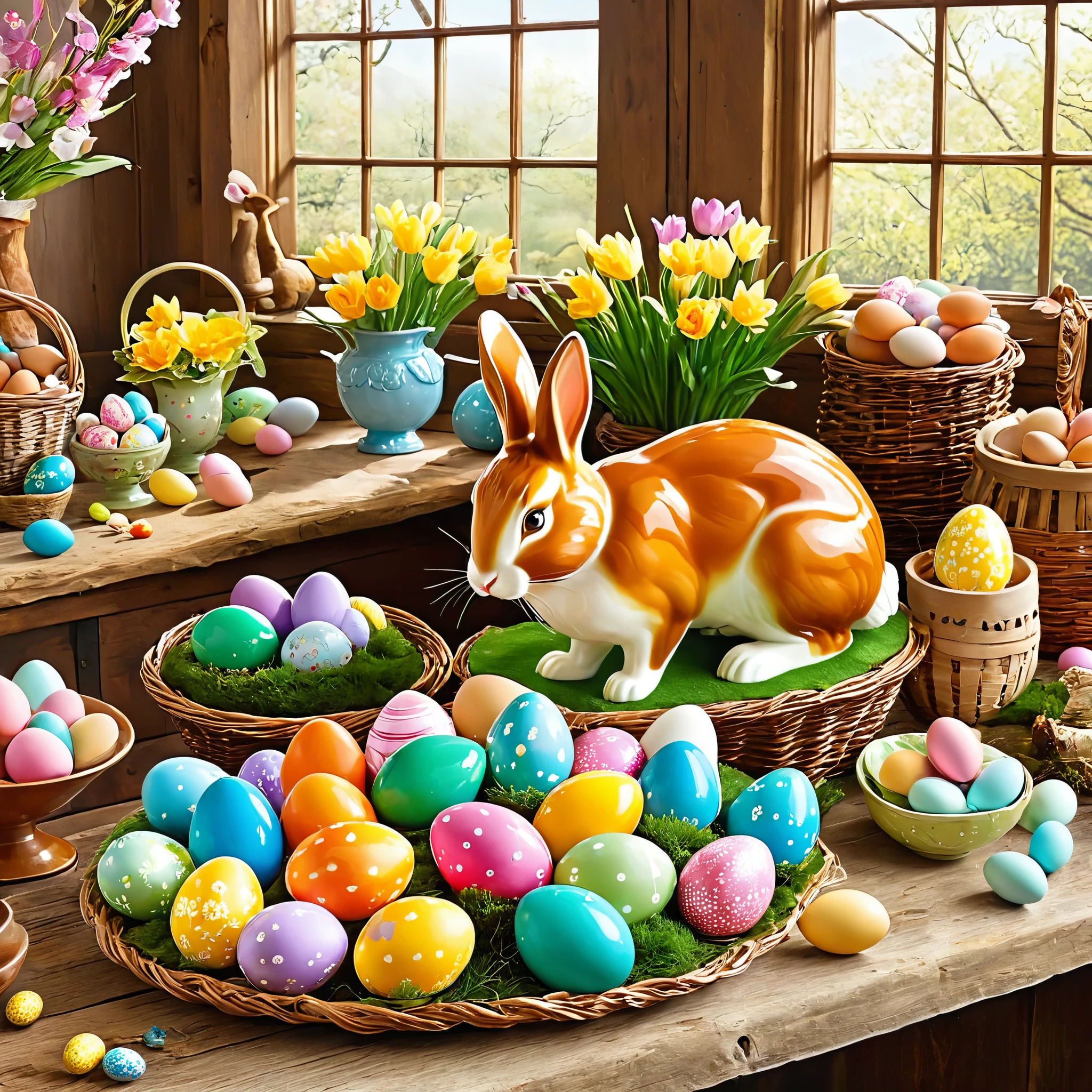 Create an enchanting scene inside the Easter Bunny's workshop, where colorful eggs are being hand-painted and filled with surprises