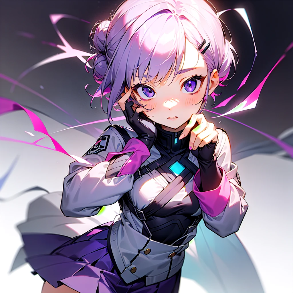 1 girl、purple short bob hair clip tied into a bun、black eyes、small breasts、uniform、gray jacket with pink line、blue skirt、 fingerless gloves、thighs、Ilcha fousing on her, surprise face, having her hands on her face, making cute expressing face.