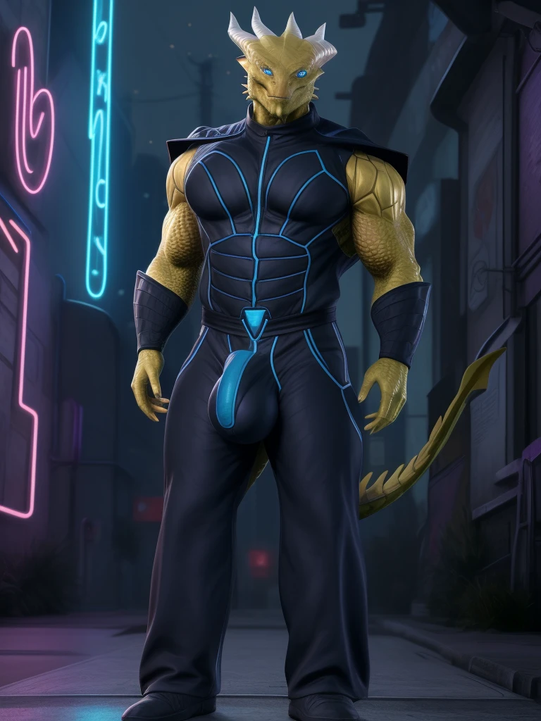 a muscular dragonborn superhero with a yellow body, blue eyes, and fins, wearing a cyberpunk-style superhero suit, shirtless, standing in a room with a street and neon lights outside, detailed eyes, high quality, best quality, huge bulge