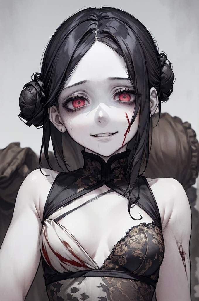 (masterpiece: 1. 2, Highest quality), (Actual photo, Intricate details）、（Anatomically correct), (1 girl, Upper Body, Small breasts、Distorted eyes、With eyes wide open, Scary atmosphere, Distorted facial expressions, Wicked Smile, Bleeding from the eyes, Blood splatter, whole body, China dress, Twin-tailed bun、Black Hair, (Dark circles under the eyes), pale, Ill, Sickly, Crazy Eyes, ( smirk), Dramatic makeup, Mixed Media Art, White Background