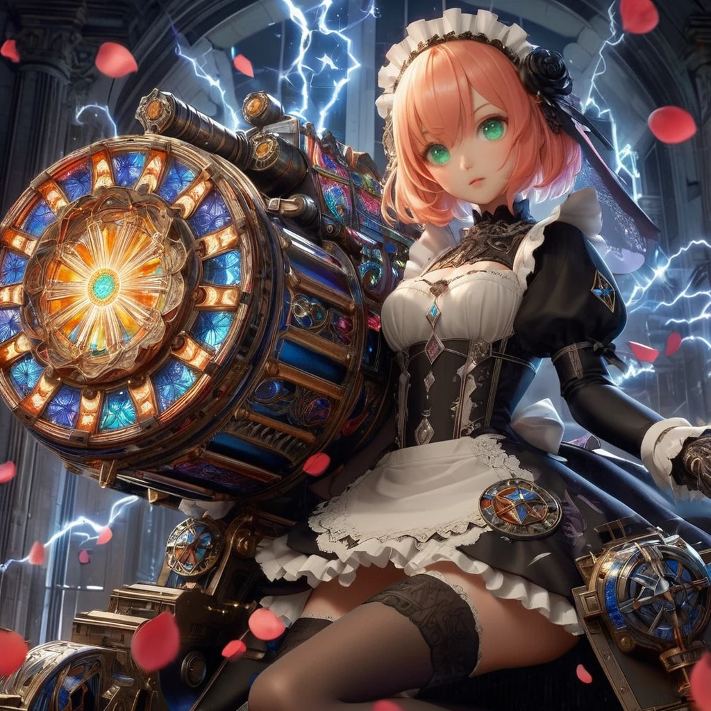High-resolution rendering、Pink-haired, green-eyed black maid with a giant volt cannon、A gigantic Volt Cannon that is significantly larger than her head.、Detailed Vault Cannon、Blue and orange volt cannon。The Vault Cannon is engraved with intricate geometric stained glass patterns.、Shooting lightning。She points the Volt Cannon at the viewer.。Full Body Shot。In the background, it is pitch black with ruins.、The falling rose petals create a fantastic atmosphere.。An anime with delicate lines drawn using soft brushstrokes like watercolorultiple cels are layered to create the texture of ink.。Quality depicted through pinpoint detail。Full Body Shot
