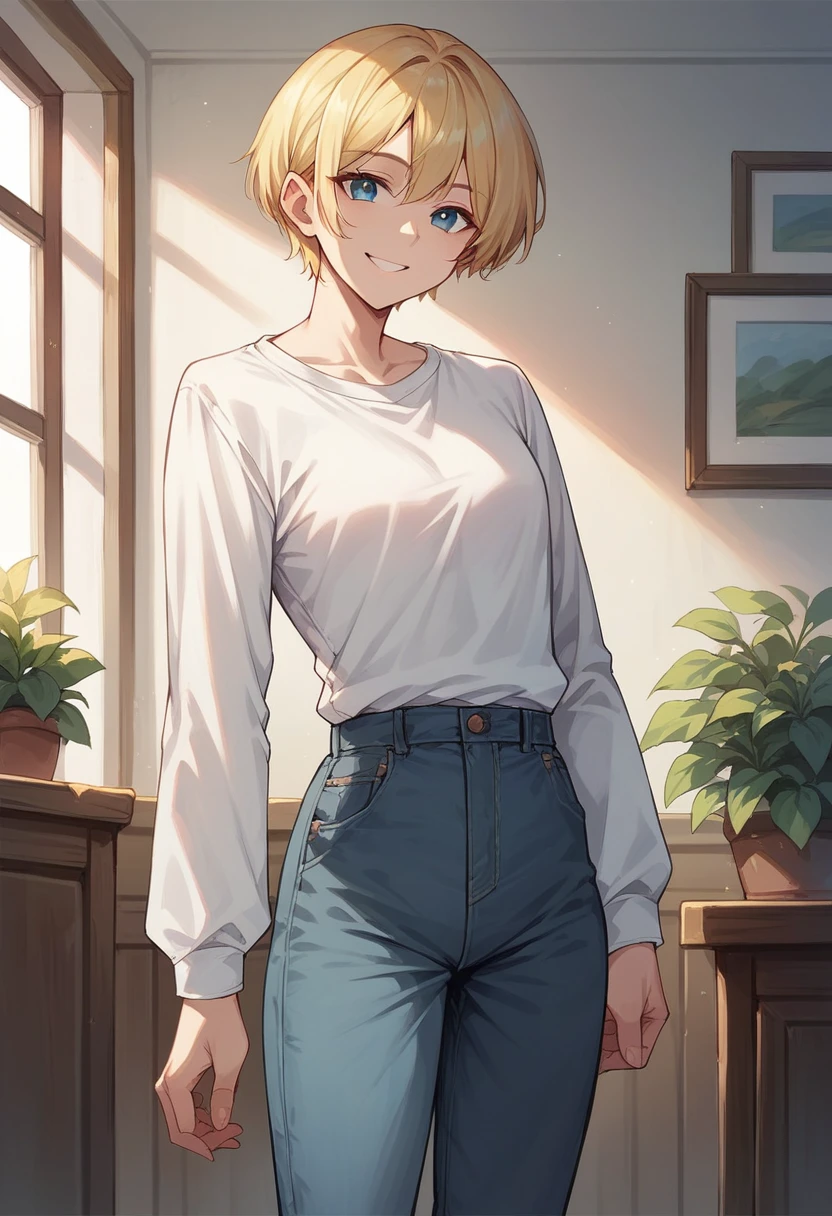 score_9, score_8_up, score_7_up, score_6_up, straight hair, short hair, blonde hair, blue eyes, white shirt, long sleeves, pants, indoors, standing, looking at viewer, smile