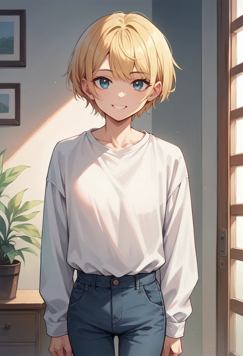 score_9, score_8_up, score_7_up, score_6_up, straight hair, short hair, blonde hair, blue eyes, white shirt, long sleeves, pants, indoors, standing, looking at viewer, smile