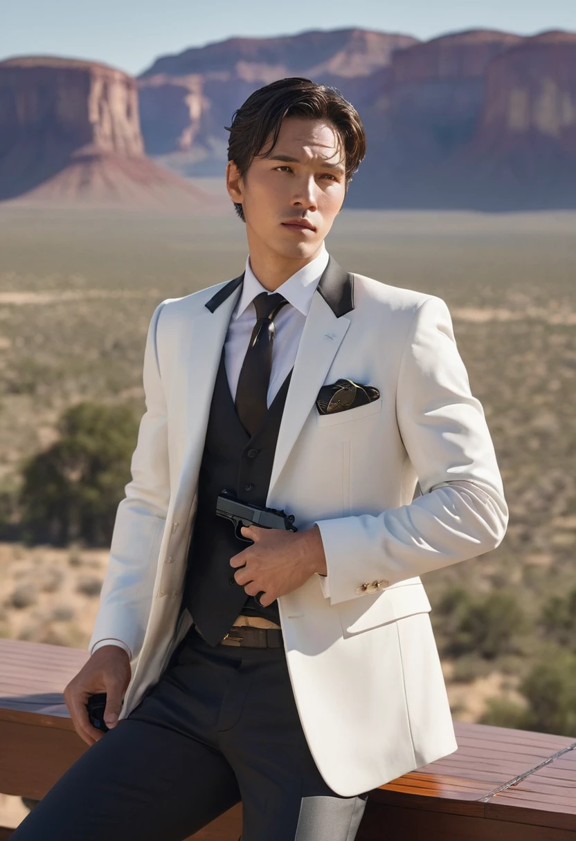 (Cowboy Shot), SFW, (Tabletop), (Highest quality:1.0), (Ultra-high resolution:1.0), Detailed Eyebreaking Ton Rack Lock , suit, formal, Tuxedo, tie, Adjusted Tiebreaker , Nice views