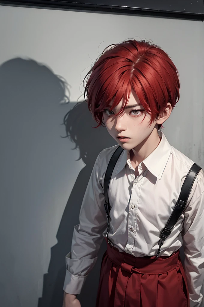 Young boy with handsome face, short red hair, red hair, Japanese haircut, gray eyes, long eyelashes, black collar, Japanese schoolboy outfit, behind broken glass, red liquid, sad expression, ultra-detailed, in shadow, scar, alone, demon shadow looming on wall.