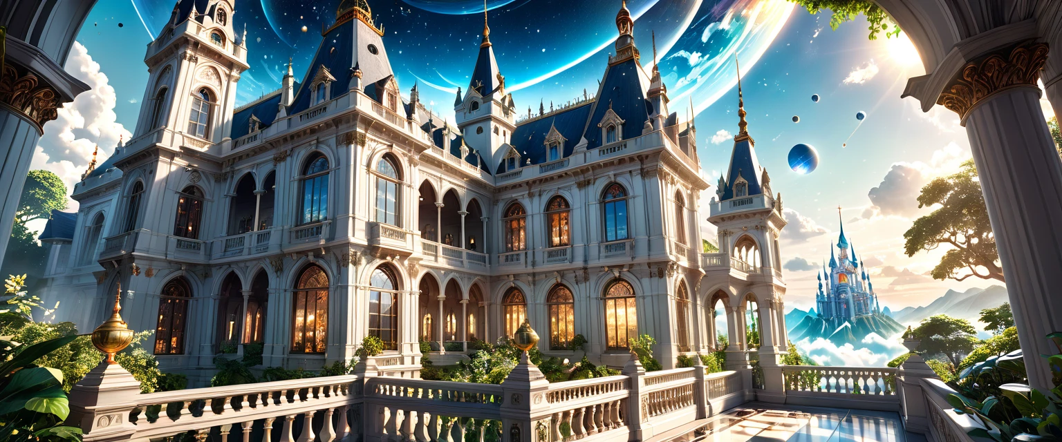 a magnificent floating royal castle in the sky, It is made of a material that resembles a mixture of pure white marble and transparent crystal, (a huge astronomical telescope on the balcony:1.2), ornate architecture, highly detailed, intricate carvings and decorations, glowing crystals, sunlight streaming through stained glass windows, overflowing gardens, lush greenery, (best quality,4k,8k,highres,masterpiece:1.2),ultra-detailed,(realistic,photorealistic,photo-realistic:1.37),detailed lighting, dramatic shadows, vibrant colors, fantasy, digital art, concept art