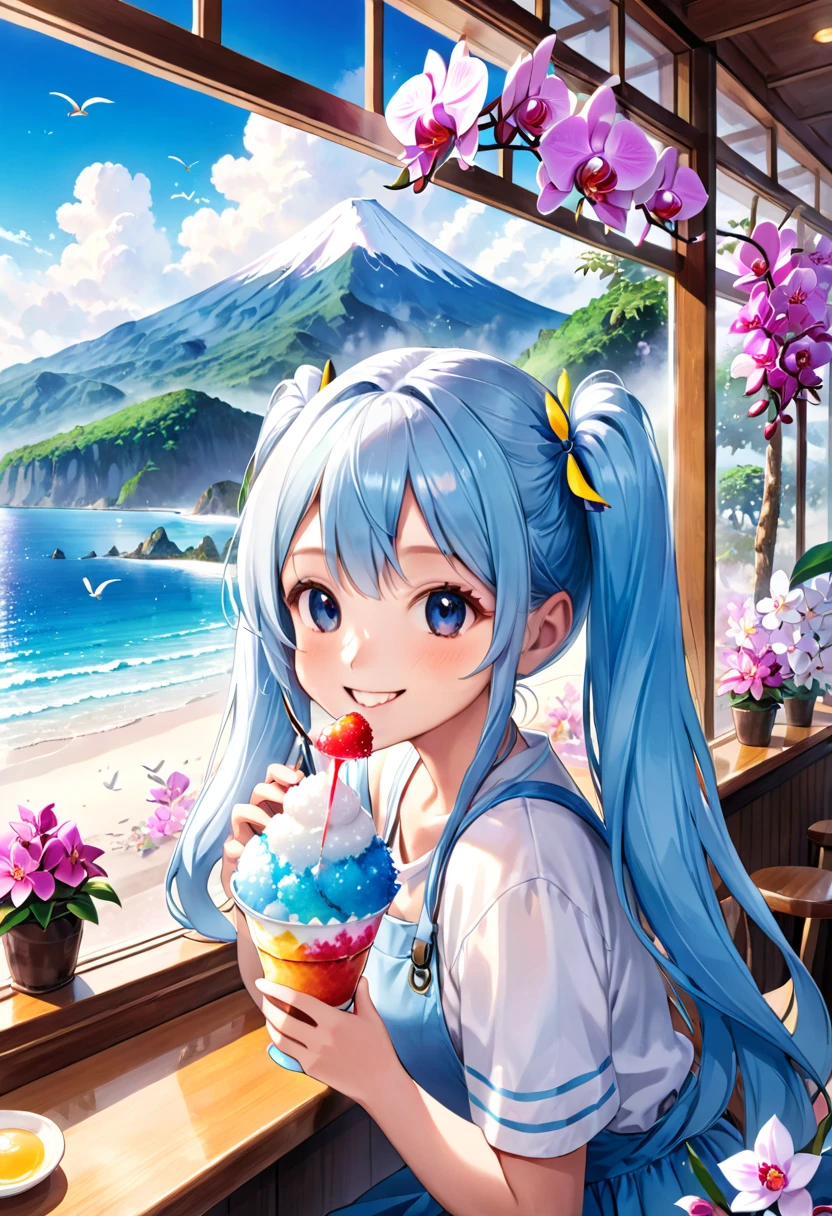 Seaside Cafe、Light blue long hair、Beautiful girl with twin tails、smile、He is eating a huge mountain of shaved ice with gusto.、A cafe decorated with lots of orchid flowers、明るいsmileの美少女、Seagulls are flying in the sea、Squirrels by the window