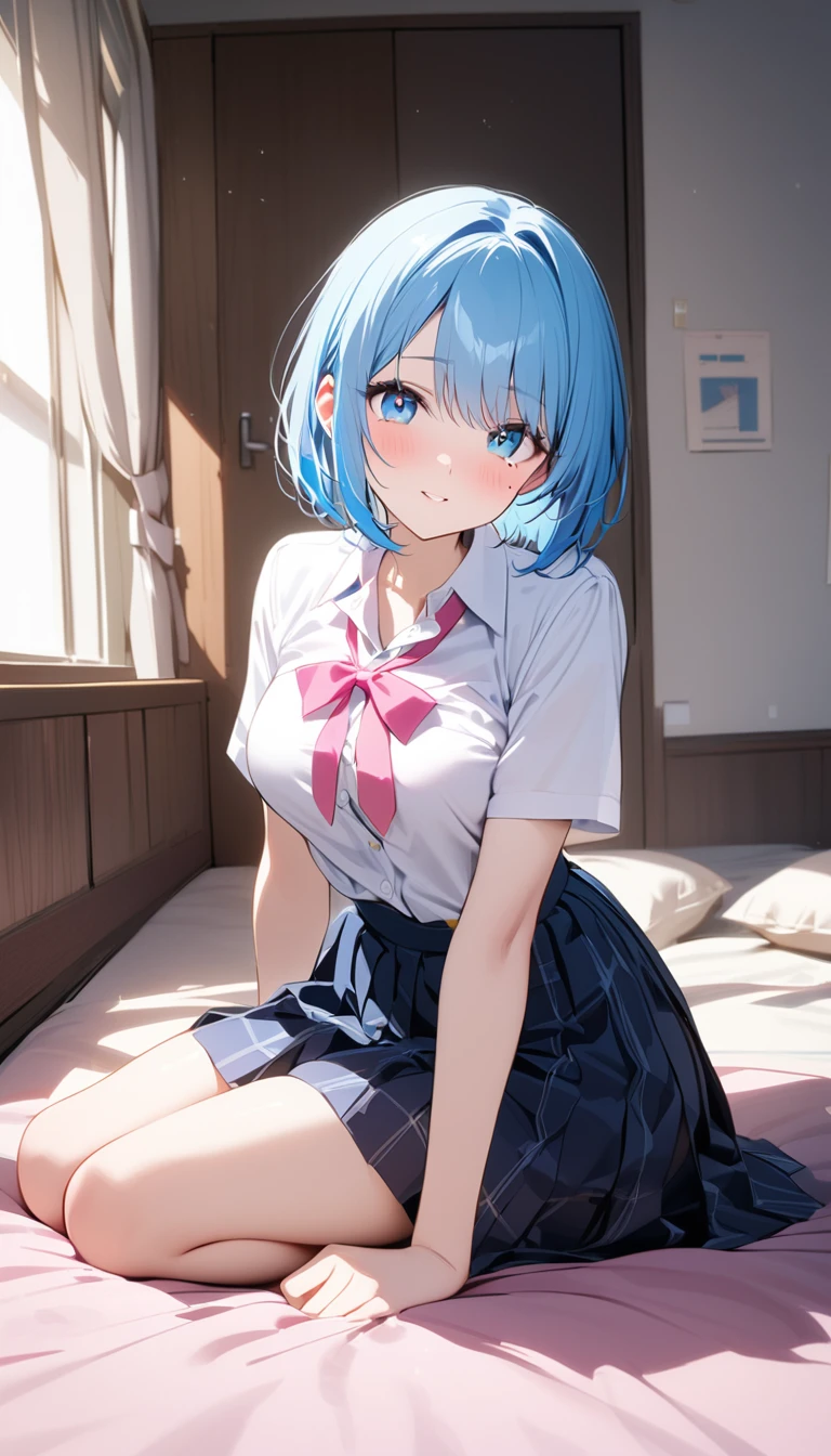 (1 girl),(Best Picture Quality, 8K, Masterpiece:1.3), (high school student:1.5), (pink lob hair:1.1), [skyblue hair:0.1], (bob cut),(swept bangs), (cute eyes, pupil black, iris skyblue, youthful face), (mole under right eye), (standard weight), (medium breasts), (glistening skin:1.1),(pale skin:1.2), ((school uniform, white short simple sleeve shirt, darkblue skirt, pink ribbon)).