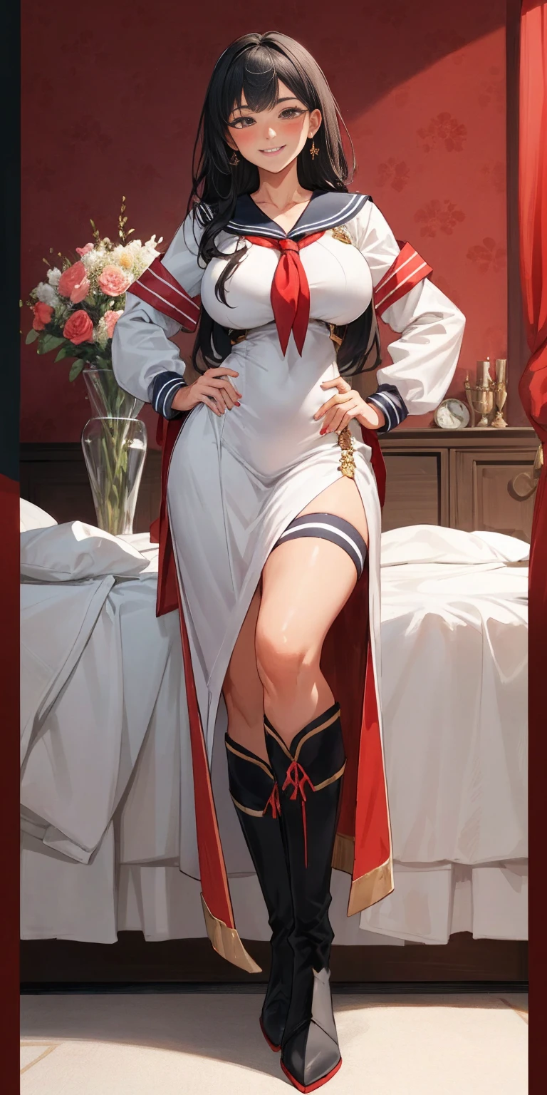 woman bodybuilder with very large calves very beautiful resemblance sailor uniform, full body standing symmetrical lustful smirking smile face (red blush), martial art, bouquet of flowers holding, full body toe to head, feet together, high boots, big breast, paladin warrior knight, hands on hips. red tattoo on belly, bedroom background, royal bedroom