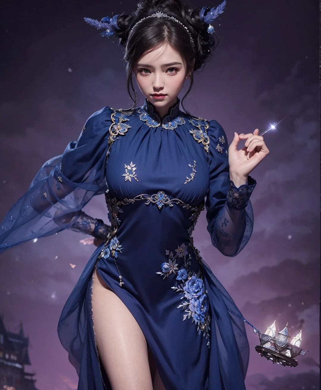 detailed cinematic portrait of a snow princess, dramatic lighting, bright colors, fantasy style, intricate dress with lace and embroidery, detailed background with castle and clouds, highly detailed, 8k, photorealistic, masterpiece, hyper-realistic, sharp focus, studio lighting, physics-based rendering, very detailed descriptions