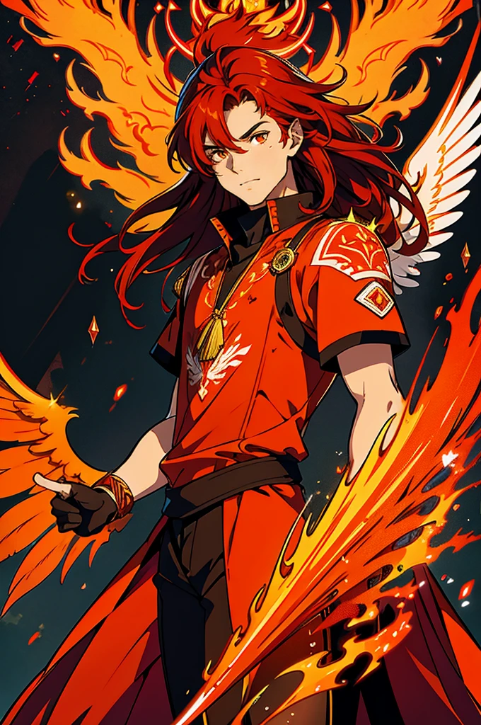 High-quality digital painting of a young man with long brown hair and piercing orange eyes, adorned in mediaval attire, controlling vibrant flames with a pair of enormous crimson wings sprouting from his back, intense and powerful, detailed hair and facial features without facial hair and without fire or accessories on the face looking forward, fiery and majestic, fantasy, vibrant color palette, dramatic lighting