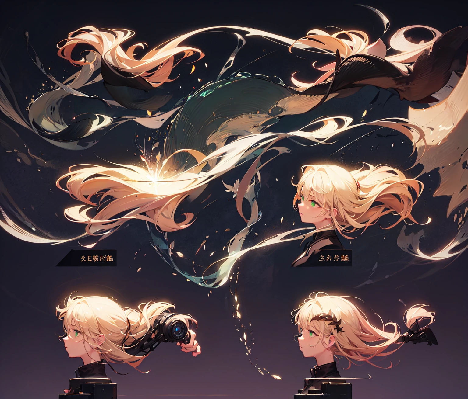 masterpiece, best quality, 1girl, ((young girl)), shiny skin, ((small size)), hot, soft natural lighting, reflections, bright illuminations, head focus, ((sexy blond hair)), big long blond hair,sexy, slim figure, Detailed green eyes, Detailed face, Detailed eyes, the anime girl is wind, wind hair, wind sequence, head dynamic poses, dynamic pose realistic, various pose, dynamic poses, realistic human movement
