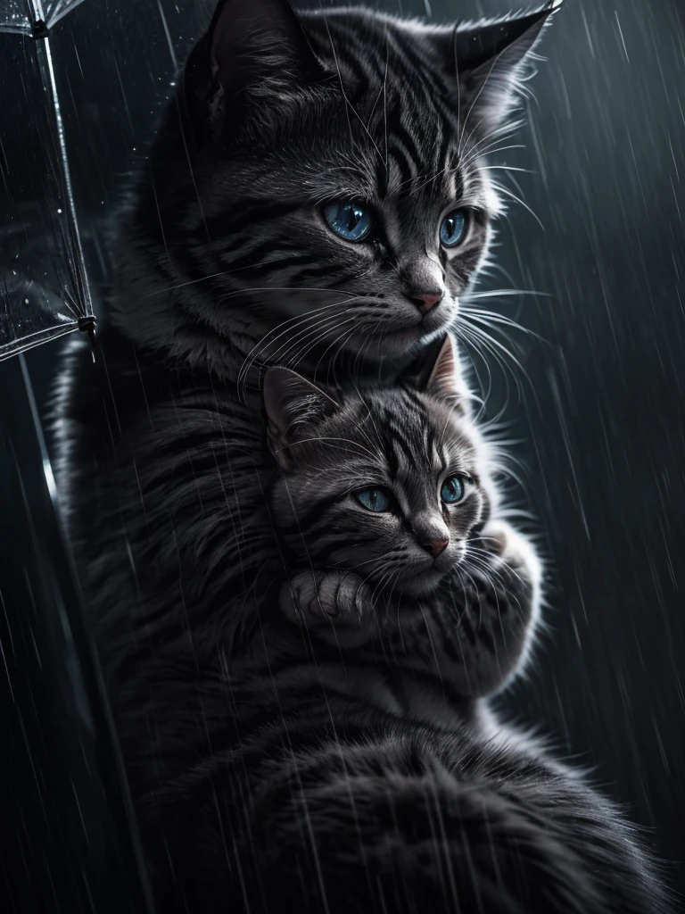 Cat,sad, crying kitten alone under the rain,evokes deep emotions,hyperrealistic,detailed realistic kitten,detailed eyes and face,dramatic lighting,moody atmosphere,cinematic composition,somber colors,depth of field,award winning photography