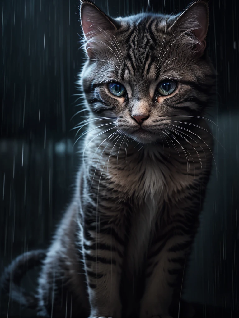 Cat,sad, crying kitten alone under the rain,evokes deep emotions,hyperrealistic,detailed realistic kitten,detailed eyes and face,dramatic lighting,moody atmosphere,cinematic composition,somber colors,depth of field,award winning photography