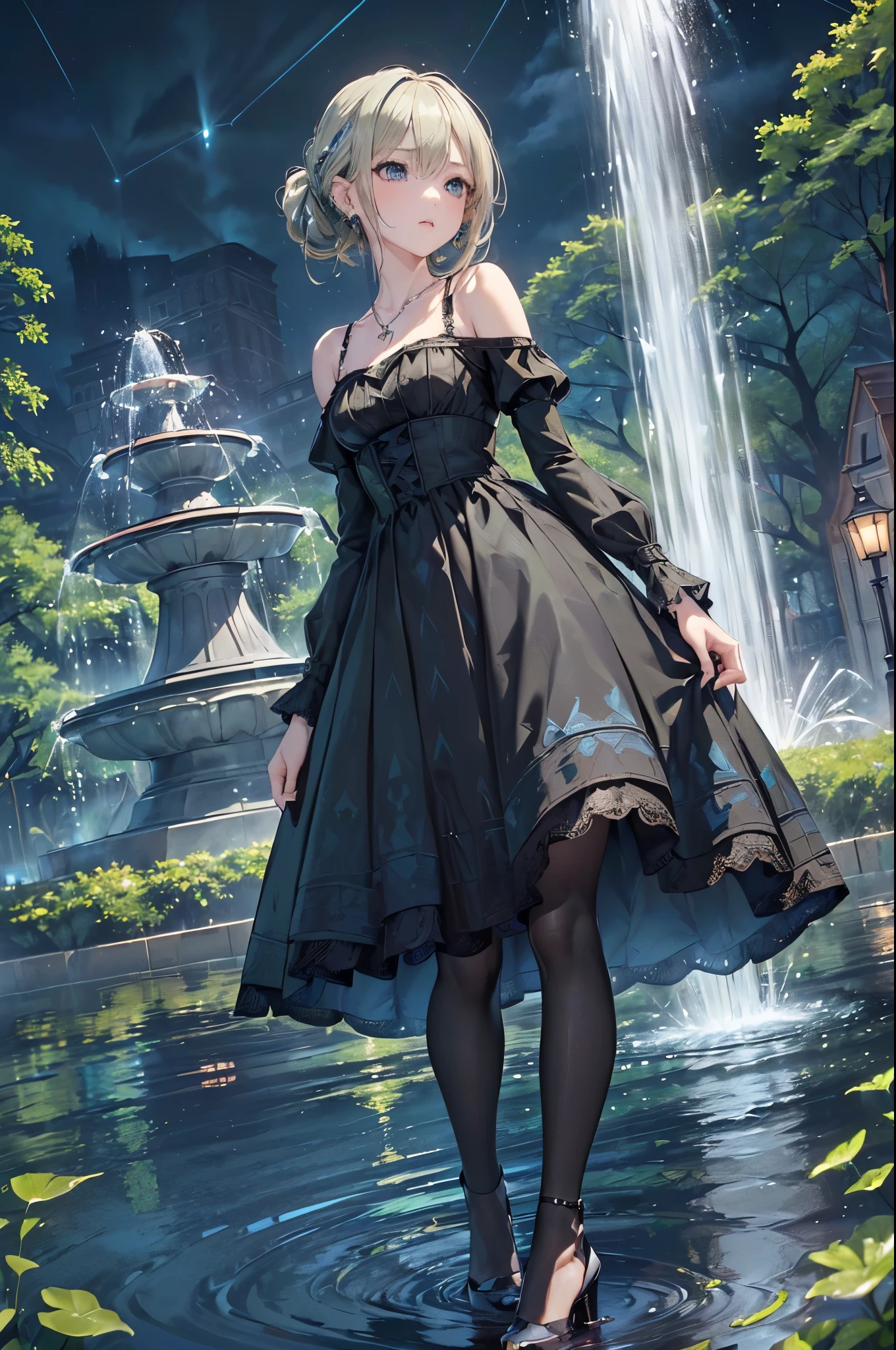 ((Biologically correct limb count))、(( From head to toe、Full-body photo including face))、4K、((Standing position))、masterpiece、((Focus on the face))、((Symmetrical facial features))、Eyes with detailed description、Beautiful woman、Great style、Beautiful arms、Beautiful legs、Beautiful Hands、(Small Ass、Thin thighs)、Facial detailing、Small earrings、necklace、(White see-through gothic dress、((High heels、Patterned black stockings)))、((Standing in front of a fountain in a green park in the evening, looking up))、(((A flood of letters is falling from the sky)))、Close-up photo of the upper body、Lace gloves、(((blue blonde)))、rain