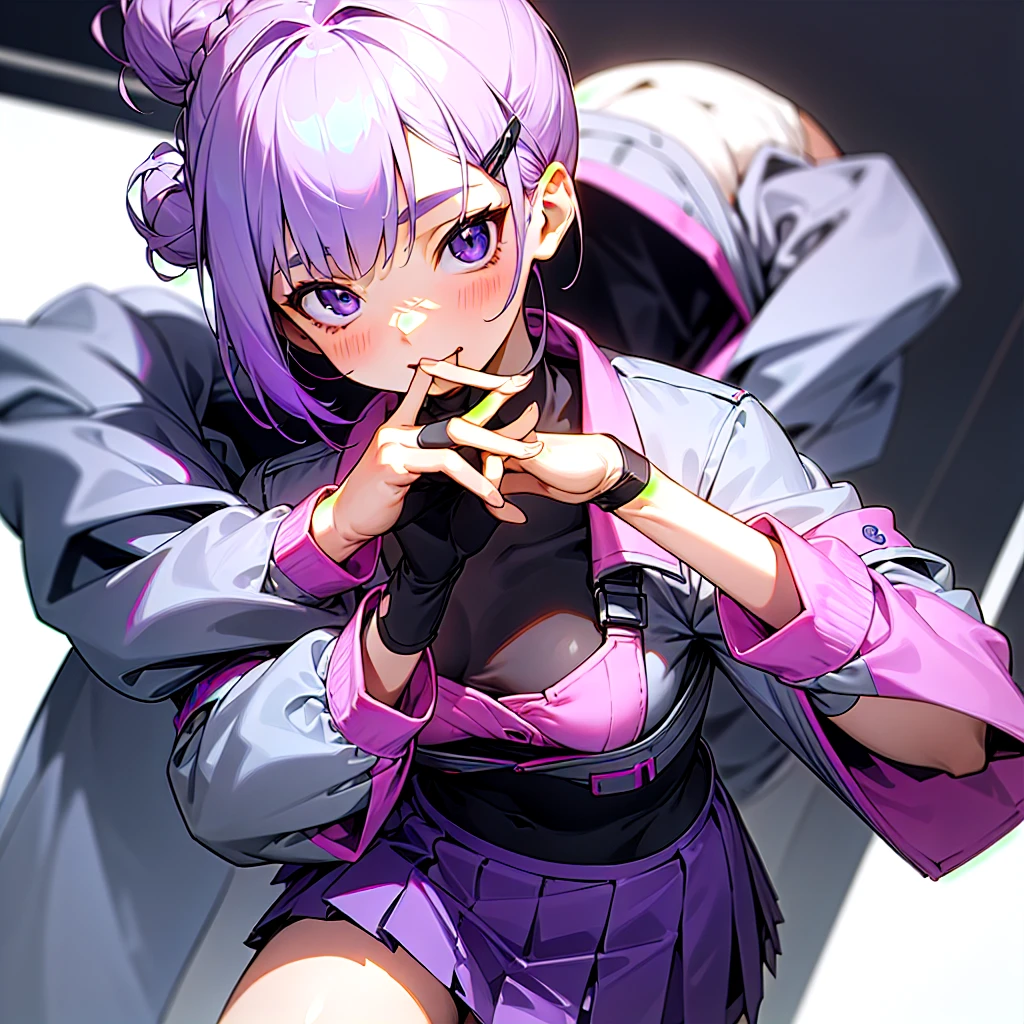 1 girl、purple short bob hair clip tied into a bun、black eyes、small breasts、uniform、gray jacket with pink line、blue skirt、 fingerless gloves、thighs、Ilcha fousing on her, surprise face, having her hands on her face, making cute expressing face. picture pose