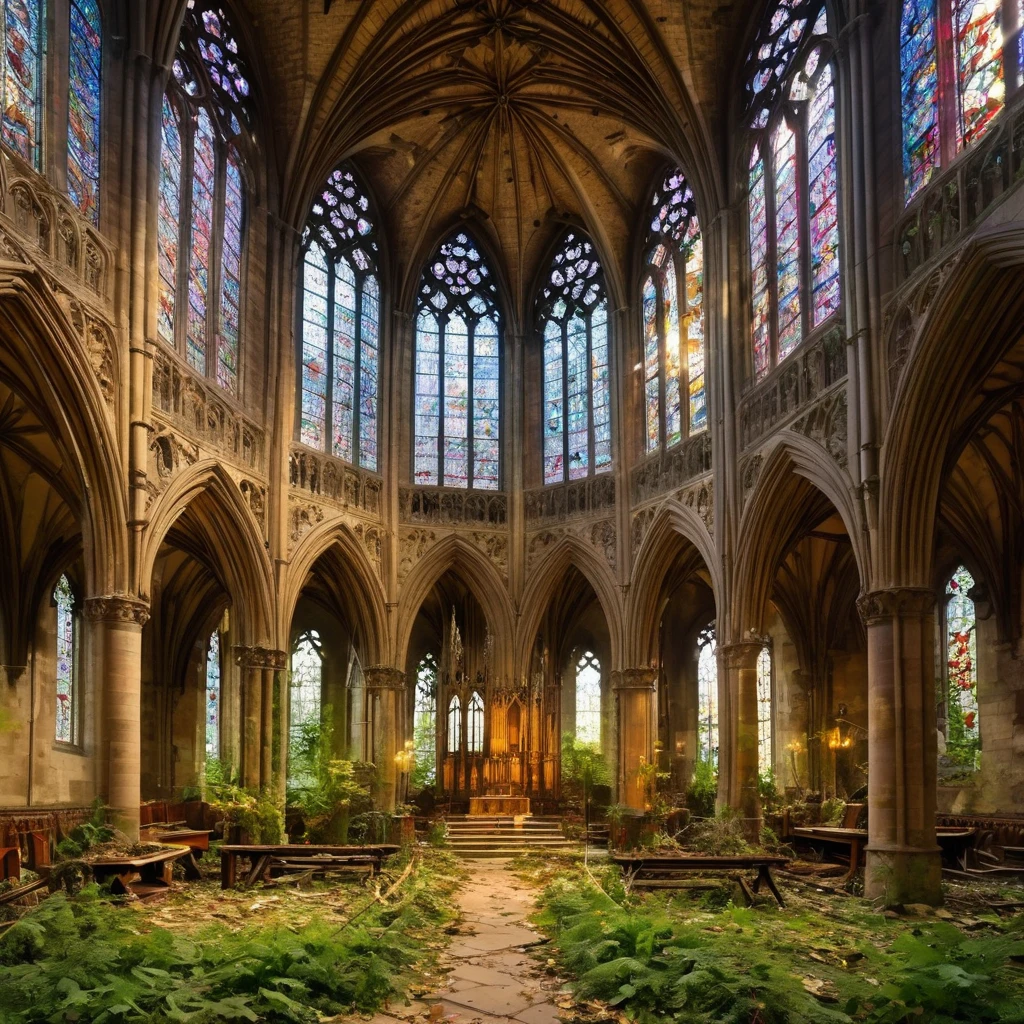 scenario: A majestic gothic cathedral, abandoned for years, with nature invading architecture. The large stained glass windows are broken in some spots, allowing vines and climbing plants to enter the interior. The stone walls are covered in moss and vegetation, and some parts of the ceiling collapsed, letting in rays of natural light. The central nave is partially covered by fallen leaves and debris., creating an atmosphere of abandonment and mystery. The room is illuminated by the soft light of dawn, highlighting the decadent beauty and harmony between the Gothic structure and the invasive nature.

Camera: Low angle panoramic view, capturing the grandeur of the cathedral&#39;s facade and part of the interior invaded by vegetation. Soft natural early morning lighting, emphasizing the vibrant colors of the moss and plants, as well as the Gothic architectural details of the cathedral. (真实感, Canon Eos 300mm Film, wide angle lens)