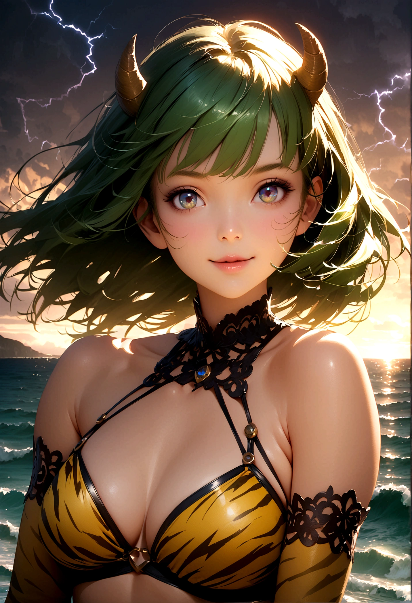 One girl, Ram-chan, anime「Urusei Yatsura」, Elegant and delicate eyes, Detailed facial features, Long eyelashes, Beautiful lip detail, graceful and detailed poses, Very detailed, masterpiece, 4K, Yellow tiger print bikini outfit, Realistic, Cinema Lighting, Dynamic configuration, Intricate details, Vibrant colors, Soft and dreamy, Green Hair,Long Hair,Lightning Landscape,Little Demon Horns,A cheerful smile,Ocean,summer