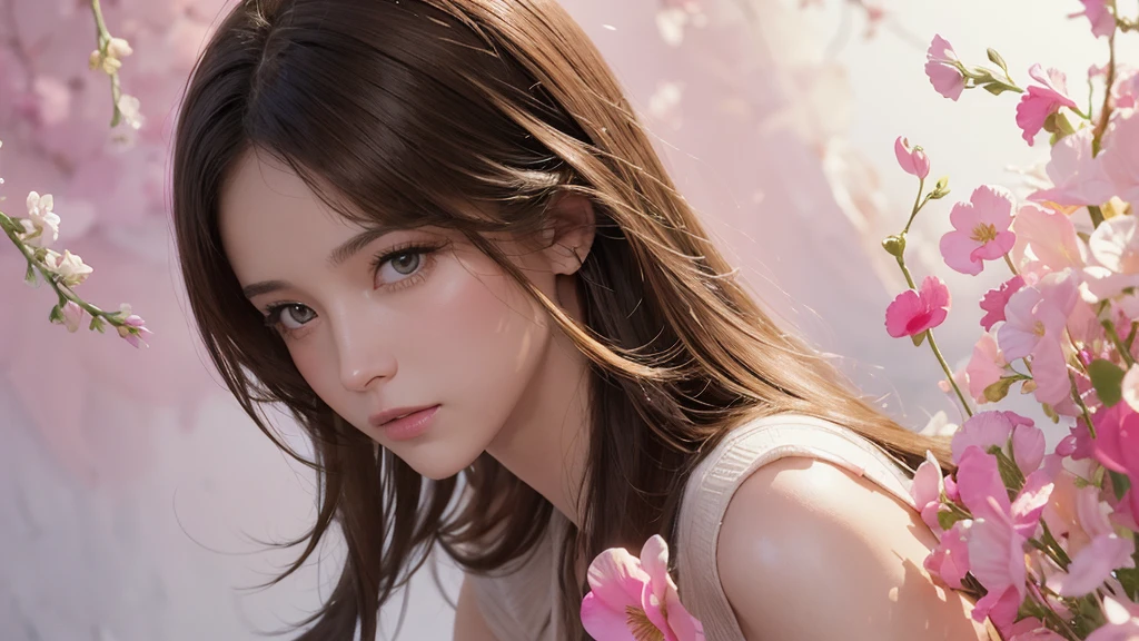 32k, Masterpiece, Highest quality, One girl, Brown Hair, Detailed eyes, flower,sweet pea, Pink and yellow style,A dreamy, romantic piece,Pale yellow, Mysterious Leaves,A playful arrangement,Fantasy,High Contrast,Ink strokes,explosion,Exposure, Impressions of pink and white tones,Abstract,((Watercolours by John Berkey and Jeremy Mann )) Brush strokes,Negative Space, Tyndall effect, White background