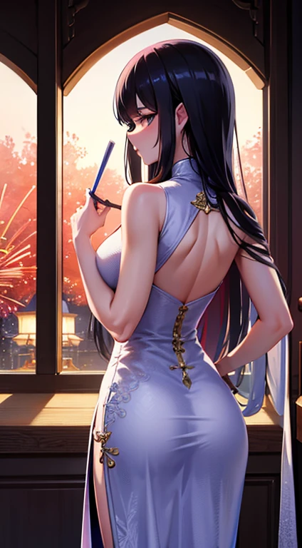 Mature woman standing with her back to the camera:1 girl wearing an Deluxe Chinese dress,
Smooth, Moisturized and firm skin, tight and sexy costumes,
A corner of the entertainment district, A dark background to make your subject stand out, Large windows, soft light from a lantern,
break (detailed silk texture:Deluxe:Gloss:Smoothness:Sappiness),
Breaking the highest quality, Highest Resolution, Detailed and crisp image quality, 16K, Super Retina,
A beautiful Chinese dress with a delicate pattern, Adult sex appeal, melancholy, Feeling Weak, Long hair tied back, colorful fireworks seen from the window,
Detailed and complex, colorful, Transparent full color coating, Light and Darkness, High Contrast,
Break Spectacular fireworks seen from the window, beautiful,
Upper Body Shot,