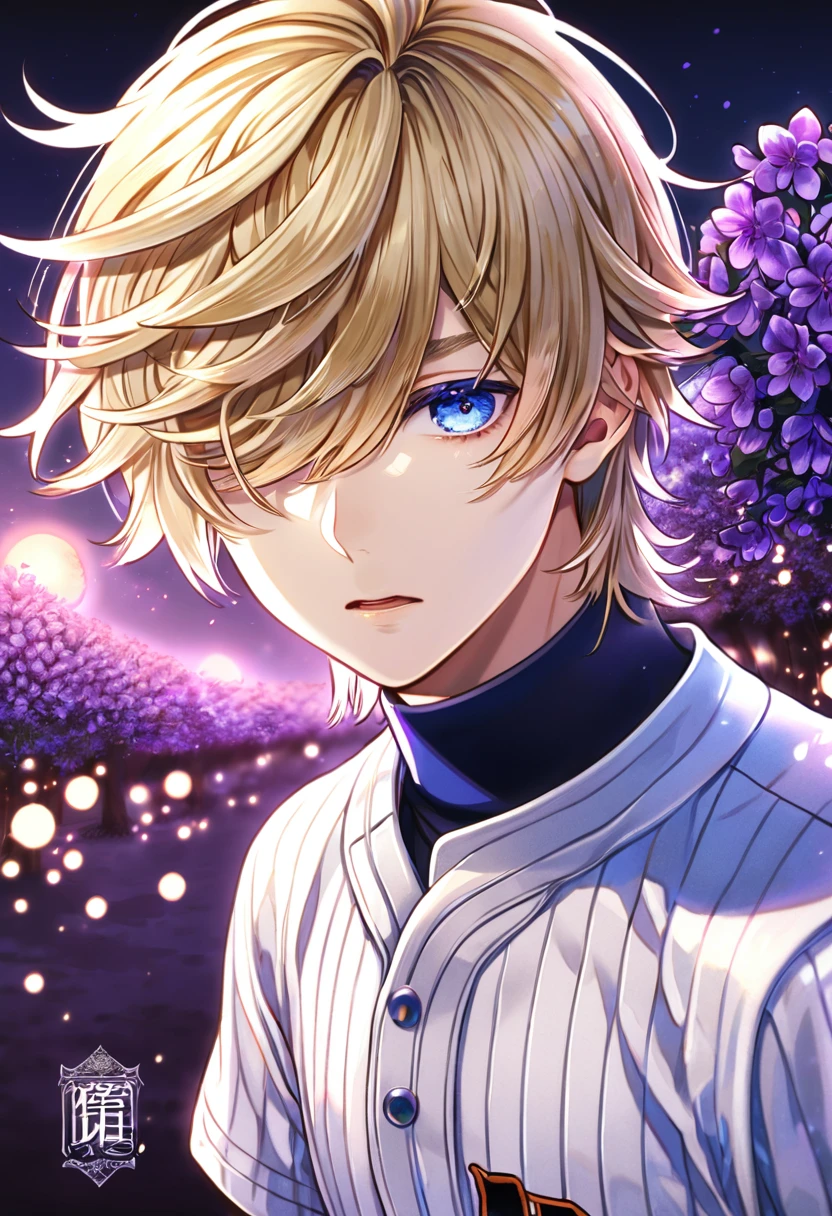 absurdres, highres, ultra detailed, HDR, master piece, best quality, Koushuu Okumura, blond hair, expressive blue eyes, hair over the right eye, Diamond No Ace, solo, sexy man, handsome, white baseball uniform, fantasy, purple moon, purple flowers, purple blossoms, purple petals, fireflies
