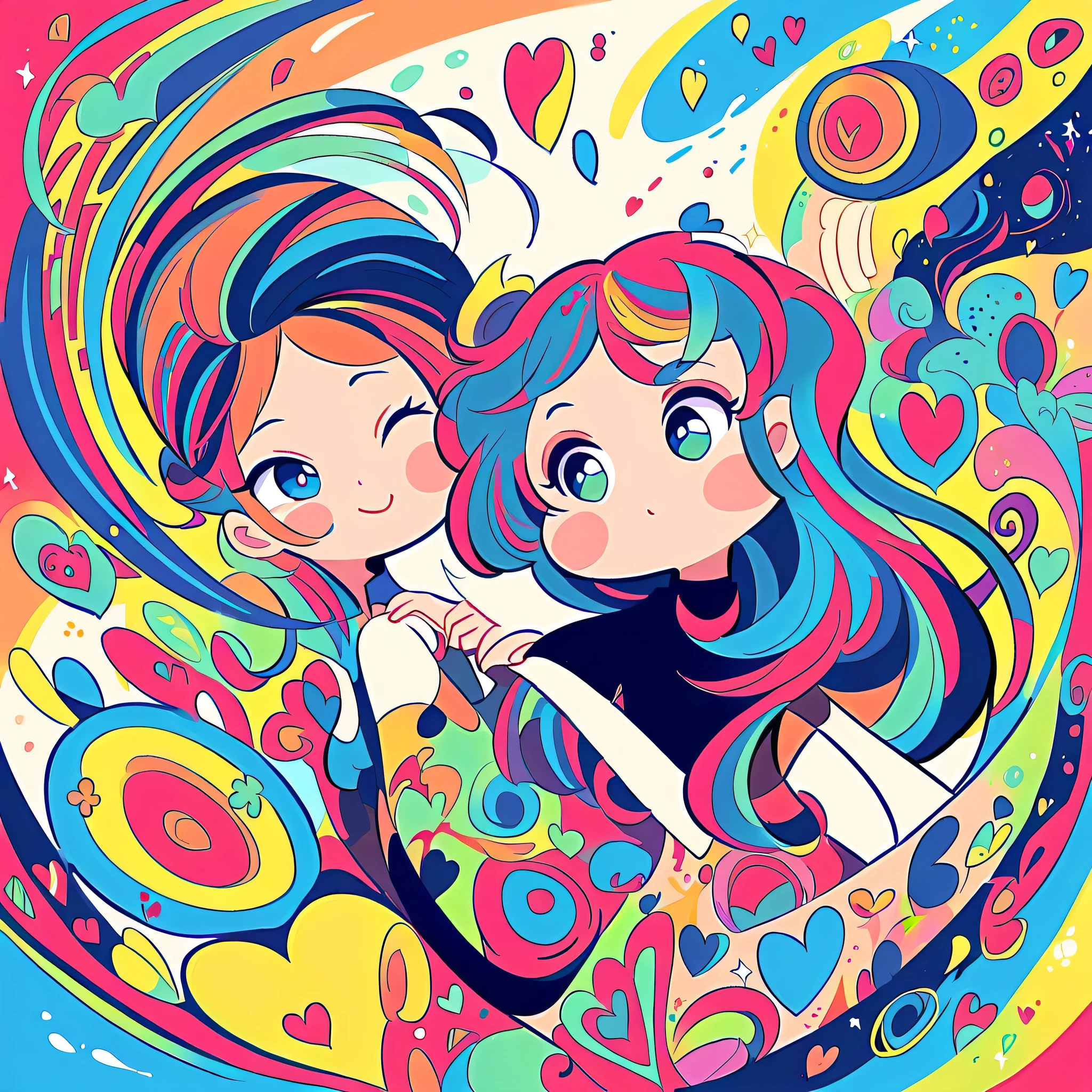 Black Star Red and White style, Simple Line Initialism，Abstract art，Urban Background, colorful hearts ,colorful flowers, (((The most beautiful girl of all time))), playing, Cute and colorful amoeba