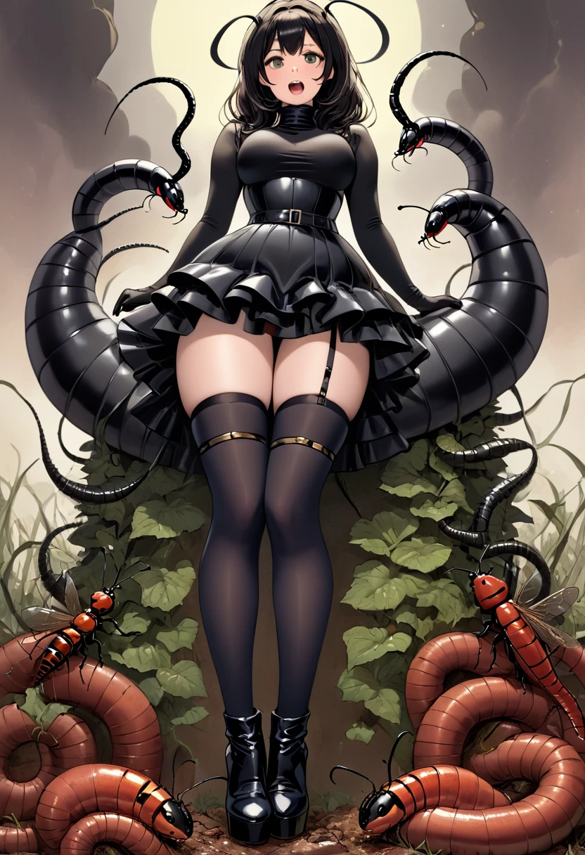 background:worm,were ,Only the lower half of the body is visible,Struggling,black tights, Thigh-high boots,Platform heels,Insect swallowing a woman