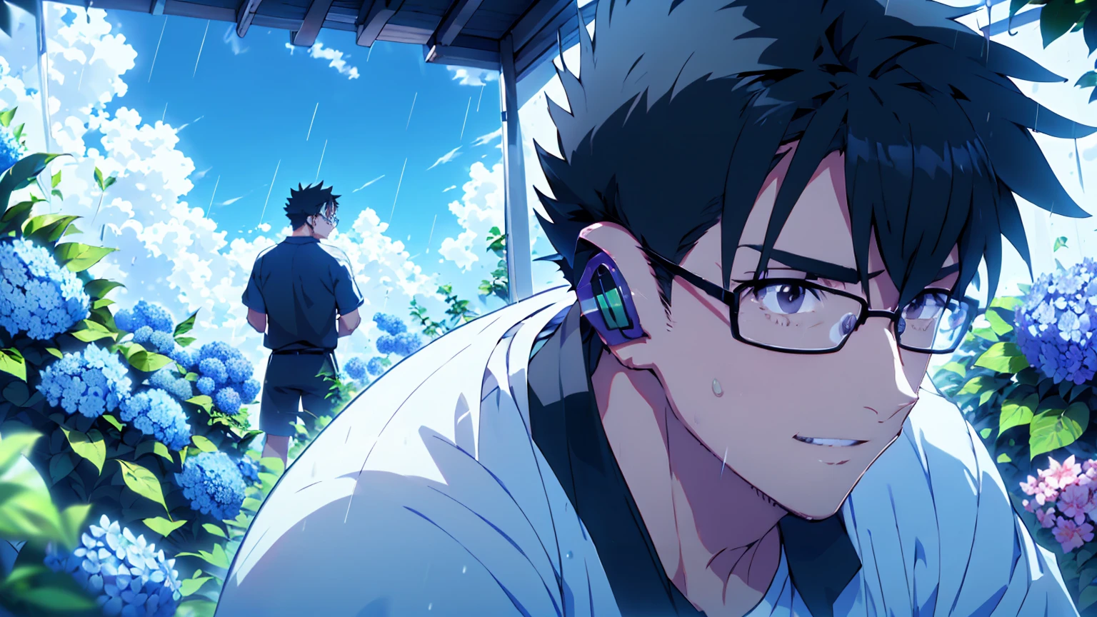 ((Highest quality)), ((masterpiece)), (detailed), Highest quality、High resolution、8K、shirt、One adult male、33 years old、Dark Eyes、Black Hair、rain、((The upper body is shown))、((空を見上げてrainを見つめている))、Standing surrounded by hydrangeas、Japanese anime-like style、超High resolutionかわいい萌えアニメ8k、handsome face manly、 Slender and muscular、Wearing headphones、Glasses