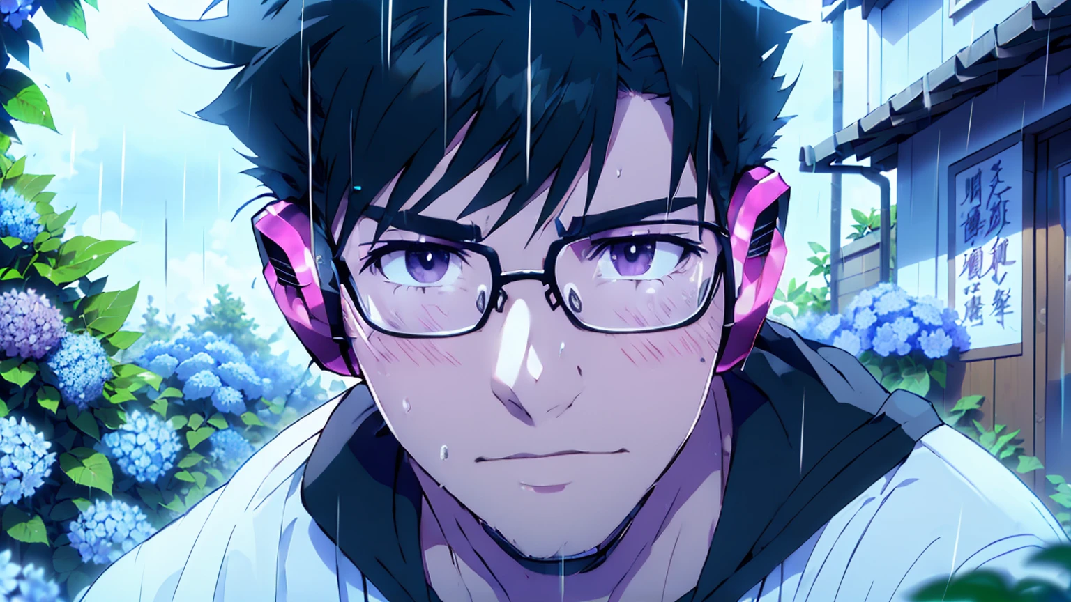 ((Highest quality)), ((masterpiece)), (detailed), Highest quality、High resolution、8K、shirt、One adult male、33 years old、Dark Eyes、Black Hair、rain、((The upper body is shown))、((空を見上げてrainを見つめている))、Standing surrounded by hydrangeas、Japanese anime-like style、超High resolutionかわいい萌えアニメ8k、handsome face manly、 Slender and muscular、Wearing headphones、Glasses