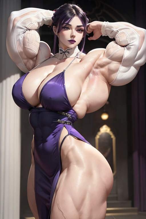 ((Massive, beautiful, buff, pale white skinned, muscular woman with violet purple hair, black lipstick, ginormous bulky muscles and wearing a beautiful long sleeve silver qipao dress)), (close view), massive muscles, massive biceps, hyper muscle triceps, long hair with long bangs, black eyes, ((beautiful long sleeve silver qipao dress)), high heels, (in a silver palace), night, closed smile, hyper muscles arms, hyper muscle legs, massive arms,