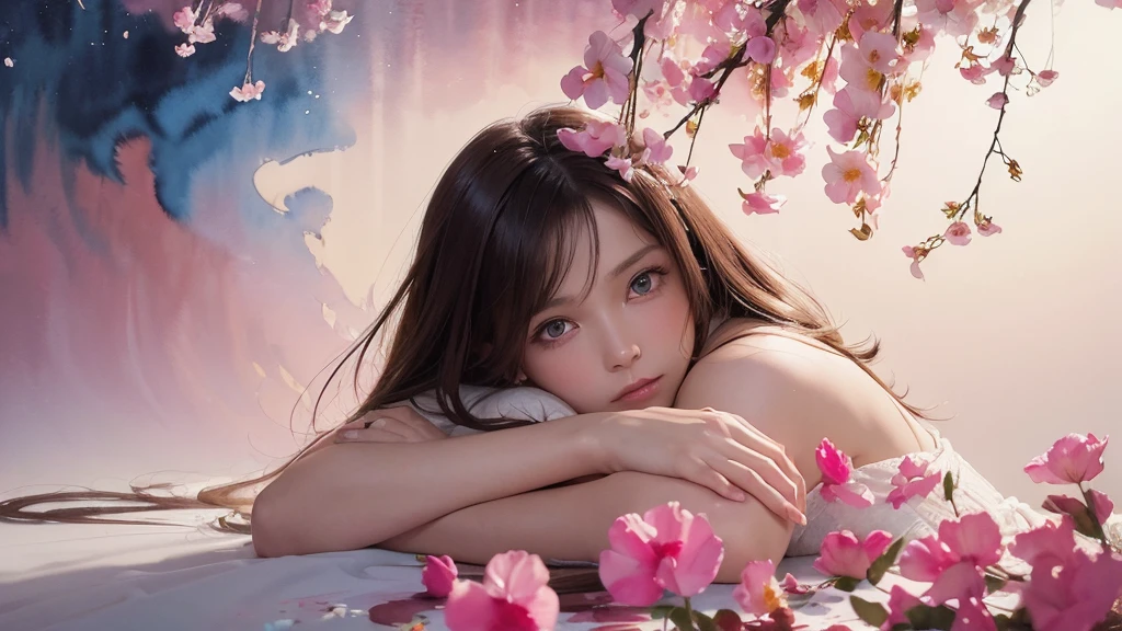 32k, Masterpiece, Highest quality, One girl, Brown Hair, Detailed eyes, flower,sweet pea, Pink and yellow style,A dreamy, romantic piece,Pale yellow, Mysterious Leaves,A playful arrangement,Fantasy,High Contrast,Ink strokes,explosion,Exposure, Impressions of pink and white tones,Abstract,((Watercolours by John Berkey and Jeremy Mann )) Brush strokes,Negative Space, Tyndall effect, White background