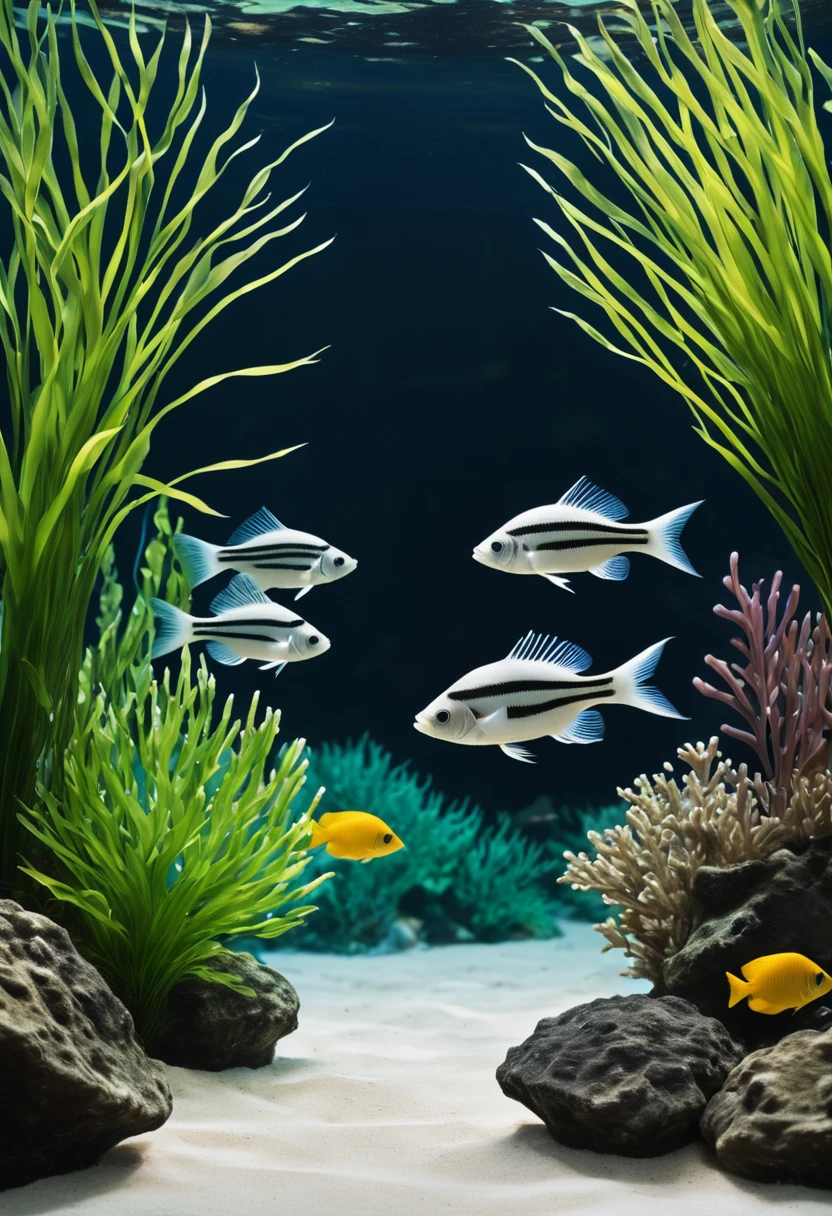 score_9,score_8_up,score_7_up,
an aquatic scene, likely from an aquarium or a marine environment. The primary focus is on a fish with distinctive black and white stripes, swimming amidst a backdrop of other fish and underwater vegetation. The water appears clear, allowing for a detailed view of the fish and the surrounding environment. The lighting in the image is soft, creating a serene and tranquil ambiance. The depth of field is shallow, with the fish in sharp focus while the background is slightly blurred, emphasizing the subject.