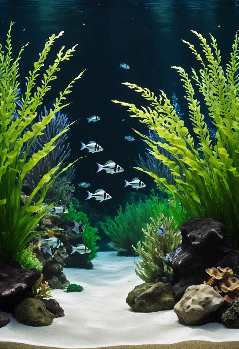 score_9,score_8_up,score_7_up,
an aquatic scene, likely from an aquarium or a marine environment. The primary focus is on a fish with distinctive black and white stripes, swimming amidst a backdrop of other fish and underwater vegetation. The water appears clear, allowing for a detailed view of the fish and the surrounding environment. The lighting in the image is soft, creating a serene and tranquil ambiance. The depth of field is shallow, with the fish in sharp focus while the background is slightly blurred, emphasizing the subject.