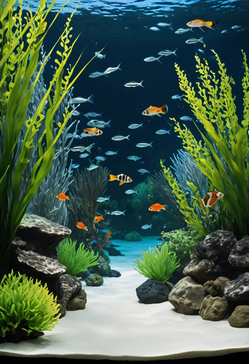 score_9,score_8_up,score_7_up,
an aquatic scene, likely from an aquarium or a marine environment. The primary focus is on a fish with distinctive black and white stripes, swimming amidst a backdrop of other fish and underwater vegetation. The water appears clear, allowing for a detailed view of the fish and the surrounding environment. The lighting in the image is soft, creating a serene and tranquil ambiance. The depth of field is shallow, with the fish in sharp focus while the background is slightly blurred, emphasizing the subject.