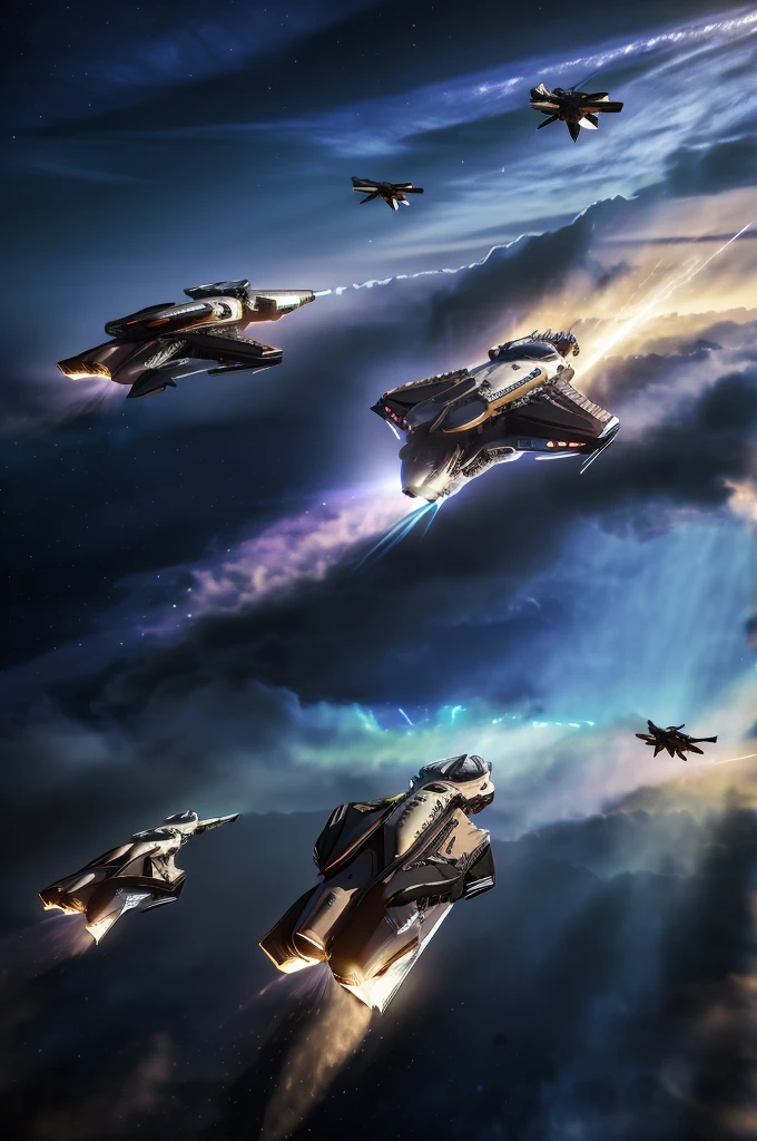 a group of space fighters flying through an asteroid belt with a starship in the background, masterpiece, best, photo realistic space scene