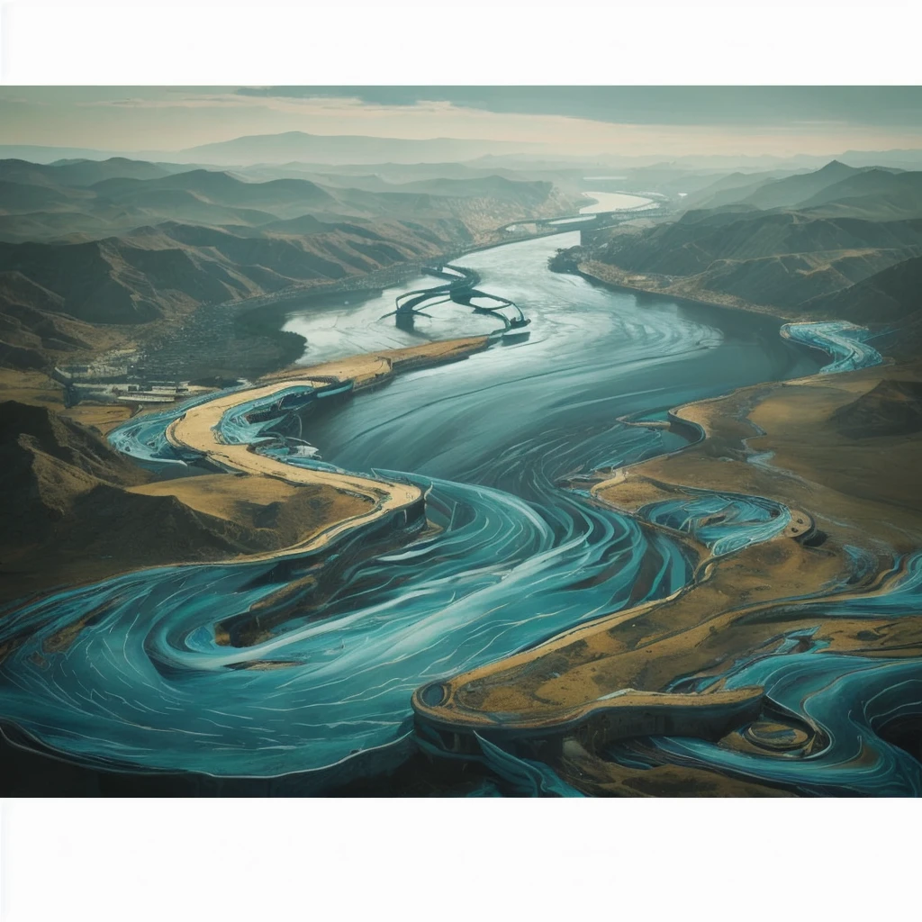 a river with a spiral in the middle of it, primordial waters, vortex river, mana flowing around it, swirling scene, winding rivers,swirling water cosmos, an eerie whirlpool, water everwhere fantasy, waters on the rocks