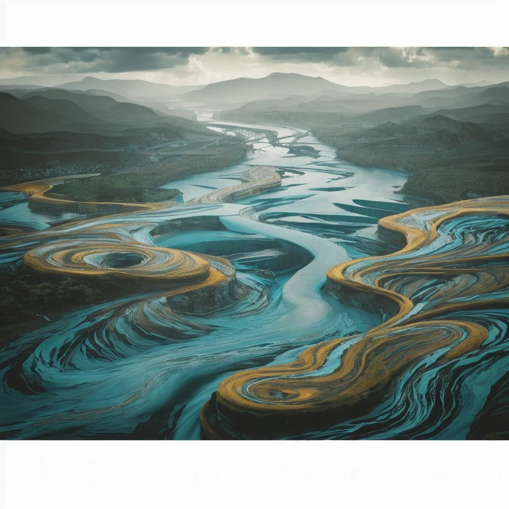 a river with a spiral in the middle of it, primordial waters, vortex river, mana flowing around it, swirling scene, winding rivers,swirling water cosmos, an eerie whirlpool, water everwhere fantasy, waters on the rocks