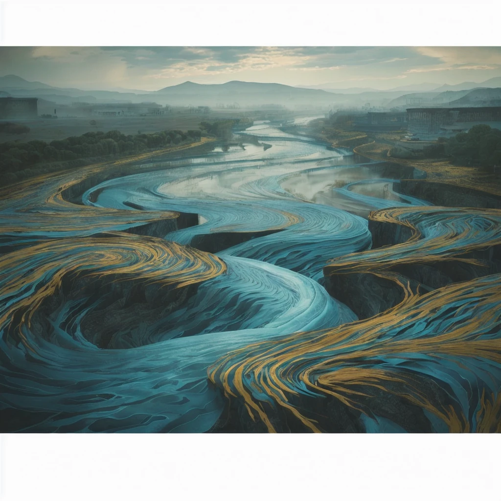 a river with a spiral in the middle of it, primordial waters, vortex river, mana flowing around it, swirling scene, winding rivers,swirling water cosmos, an eerie whirlpool, water everwhere fantasy, waters on the rocks