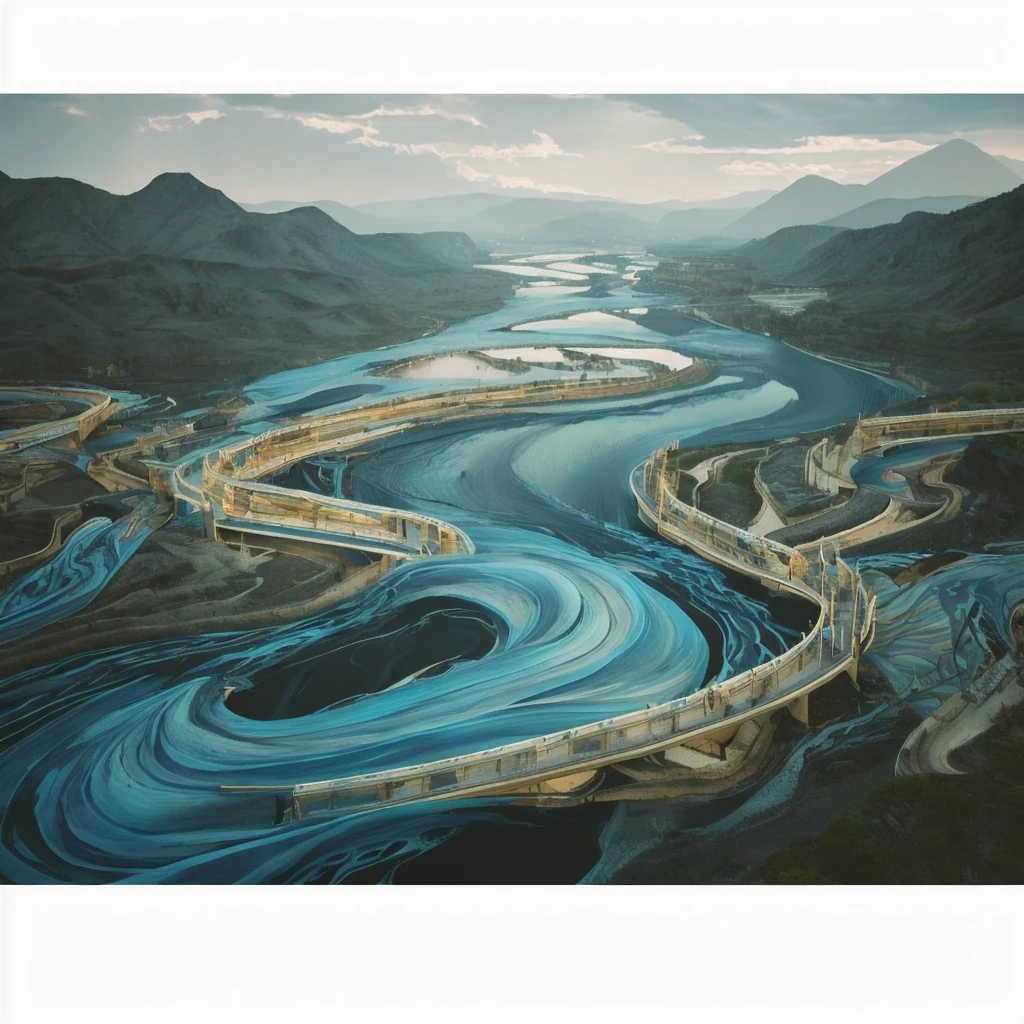 a river with a spiral in the middle of it, primordial waters, vortex river, mana flowing around it, swirling scene, winding rivers,swirling water cosmos, an eerie whirlpool, water everwhere fantasy, waters on the rocks