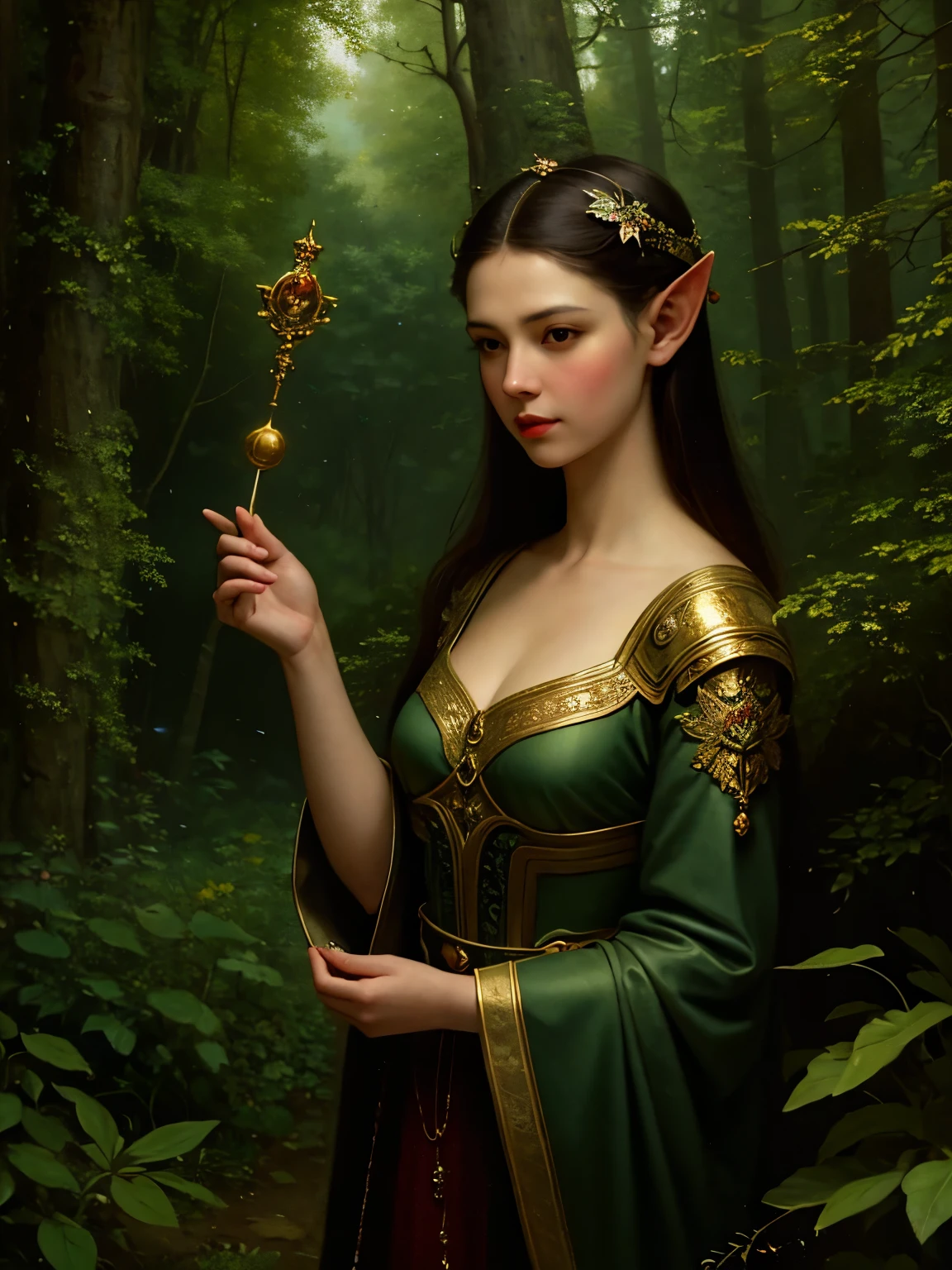 (masterpiece, best quality:1.2), (((oil paint))), 1girl, solo, (masterpiece, ultra quality, high resolution, 8k, intricate: 1.2). female elf, looking at viewer, flowizng cloths and silver amor, the silent forested, mysterious, fantasy art, Donato Giancola, craig mullins, parth, masterful strokes legendary