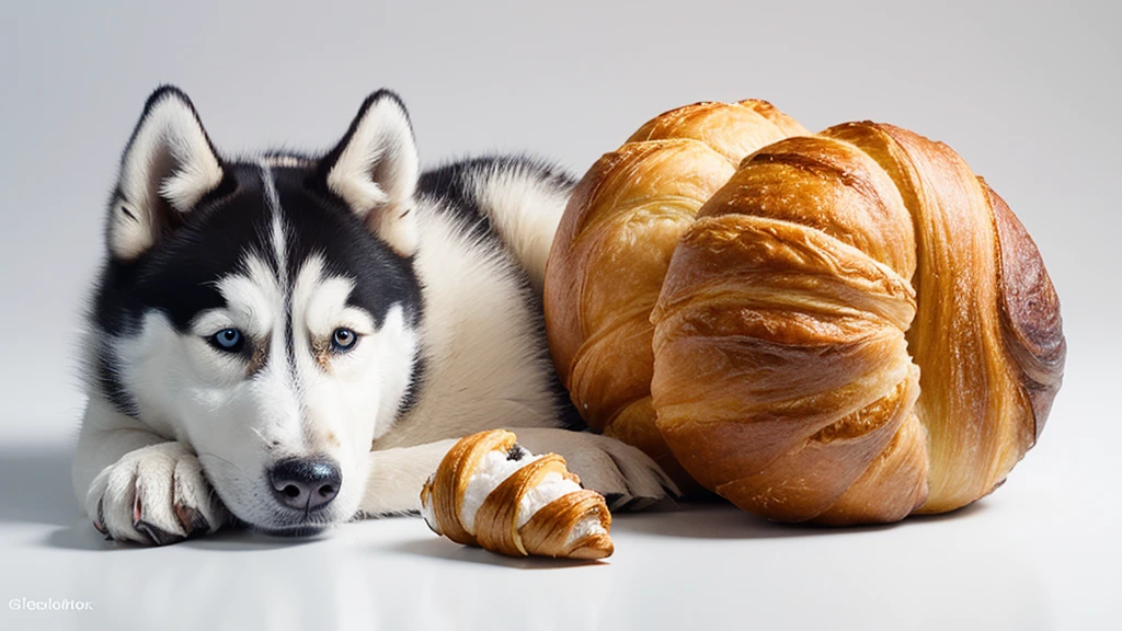 Create a hyper-realistic image of a husky made from a croissant, on white background